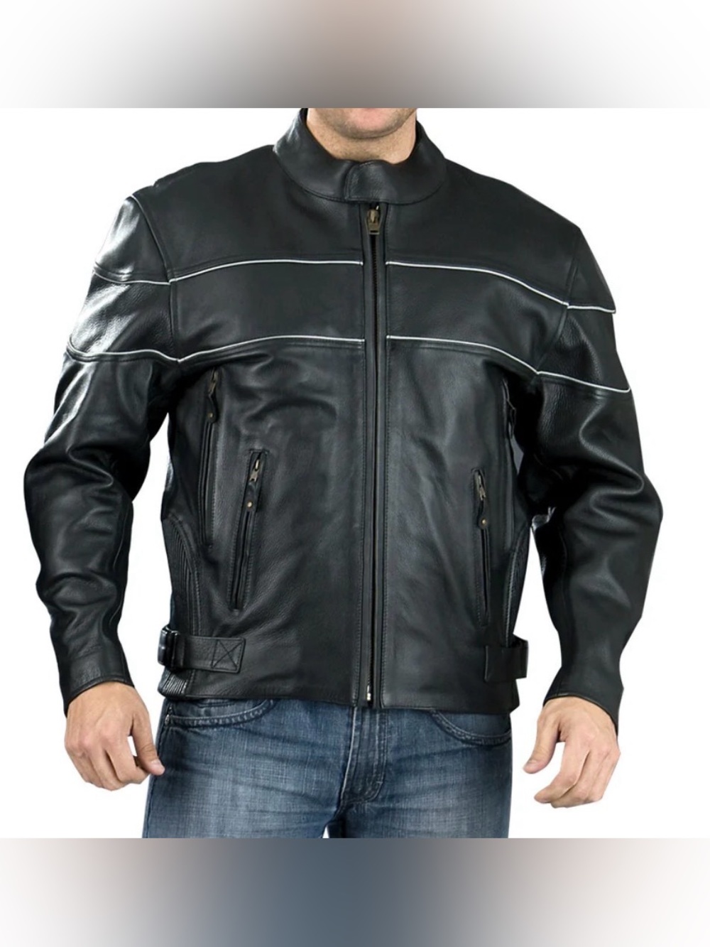 Redline Black Leather Biker Moto Riding Jacket with Contrast Piping Size XL